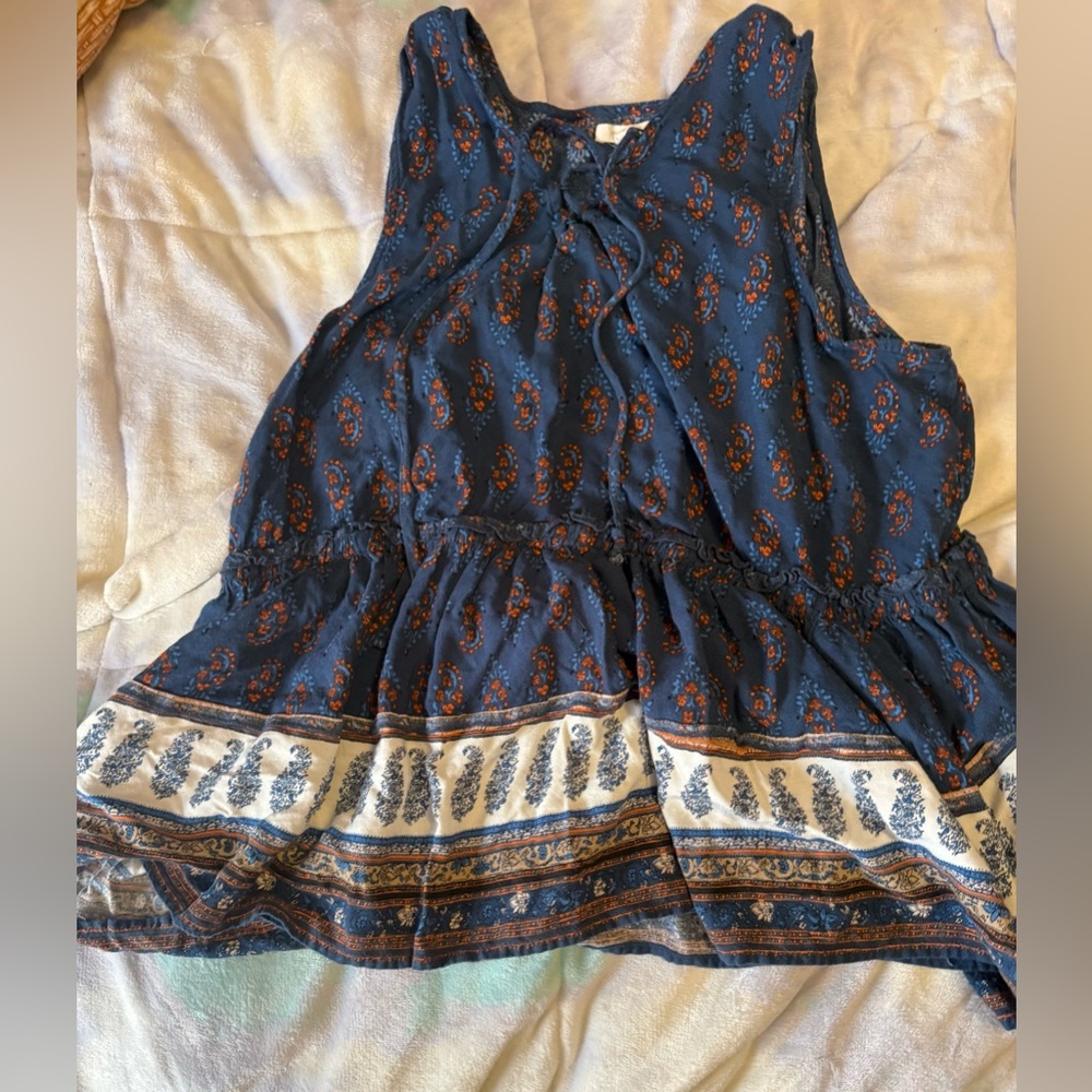 Maurices Navy Paisley Peplum Tank with Cream Border